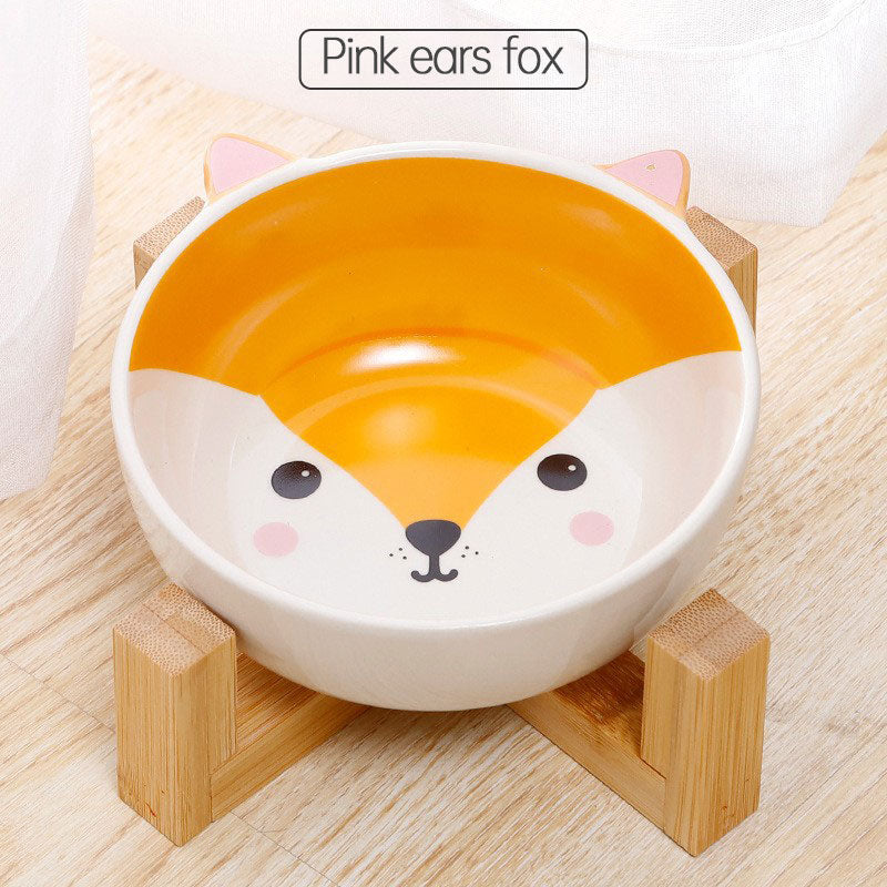 Double Ear Ceramic Cat Bowls with Bamboo Frame