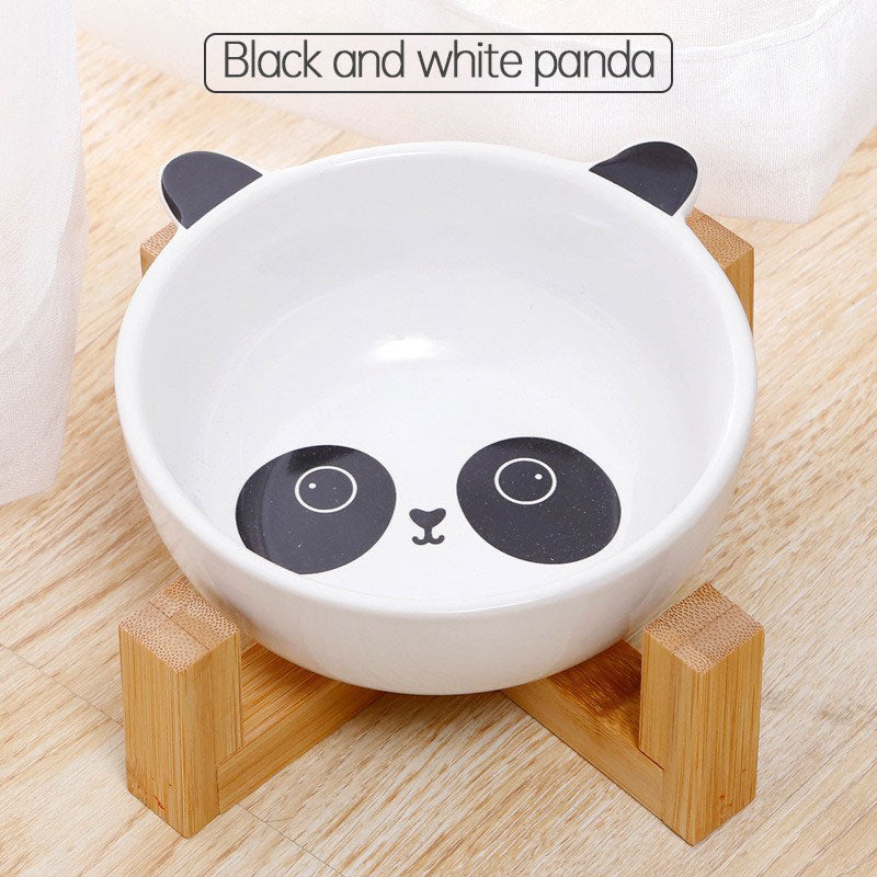 Double Ear Ceramic Cat Bowls with Bamboo Frame