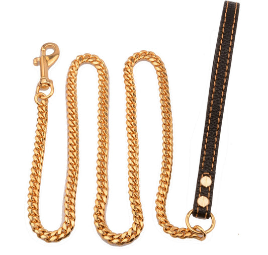 Cuban Link Style Stainless Steel and Leather Traction Dog Leash
