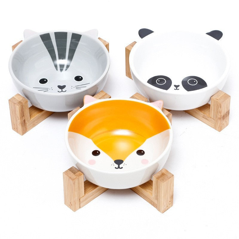 Double Ear Ceramic Cat Bowls with Bamboo Frame