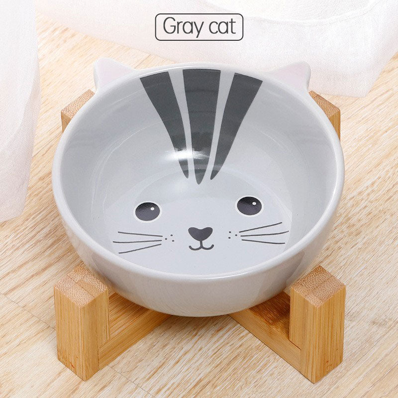 Double Ear Ceramic Cat Bowls with Bamboo Frame