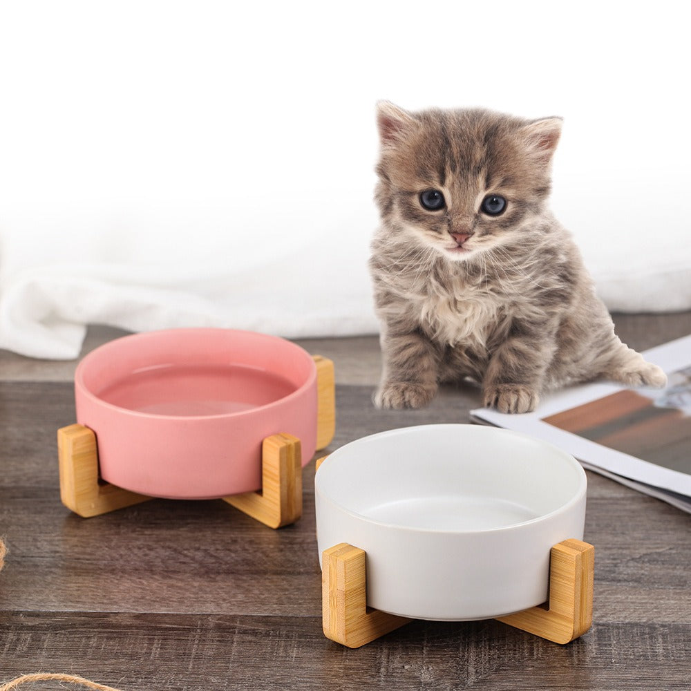 Ceramic Pet Bowl, Water, Feeding, Non-Slip, Wooden Frame, Anti Overturning