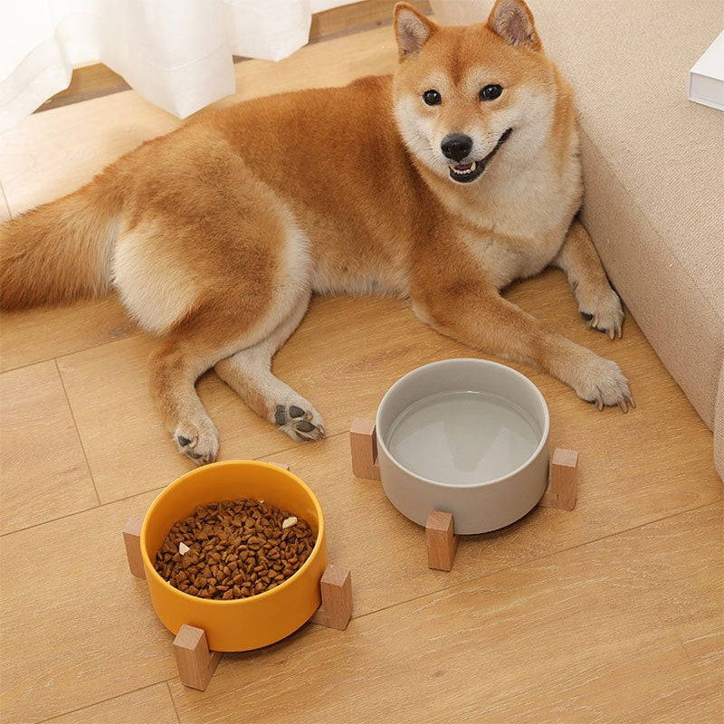 Ceramic Pet Bowl, Water, Feeding, Non-Slip, Wooden Frame, Anti Overturning