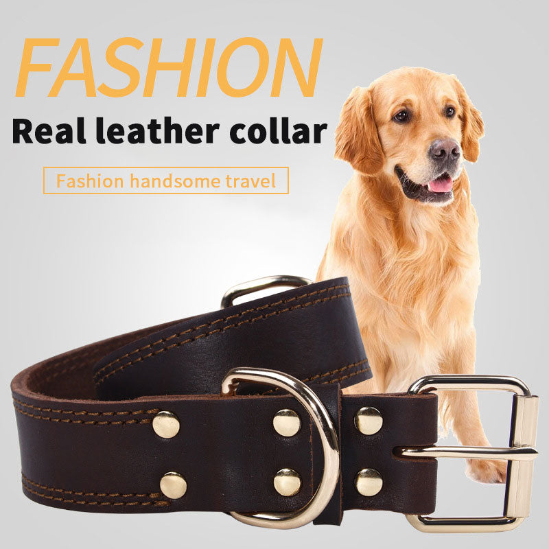 Cowhide Leather Dog Collar, Vintage Copper Hook Buckle