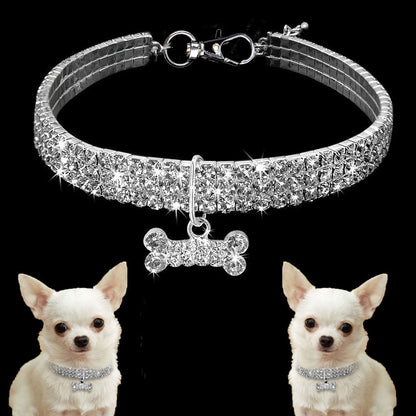 Bling Pet Dog Collar with Bone Pendant, For Small Medium Dogs