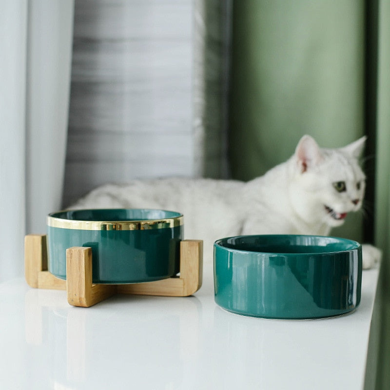 Ceramic Cat Bowls with Bamboo Base