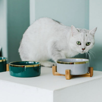 Ceramic Cat Bowls with Bamboo Base