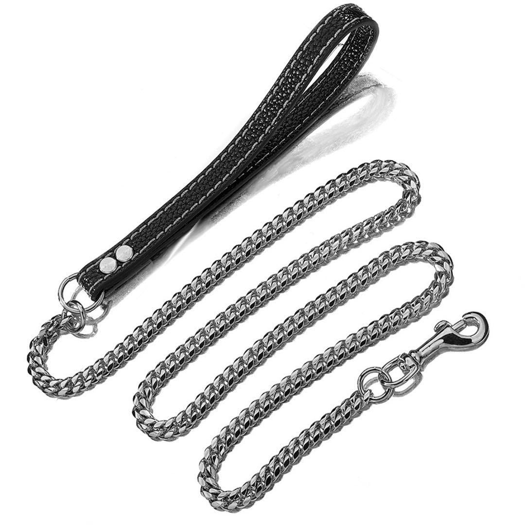 Cuban Link Style Stainless Steel and Leather Traction Leash