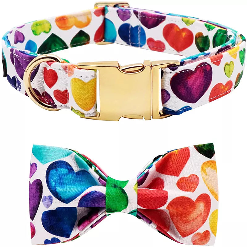 Unique Style Paws Valentine Colorful Heart Dog Collar with Bow Tie Pet Dog Collar for Large Medium Small Dog